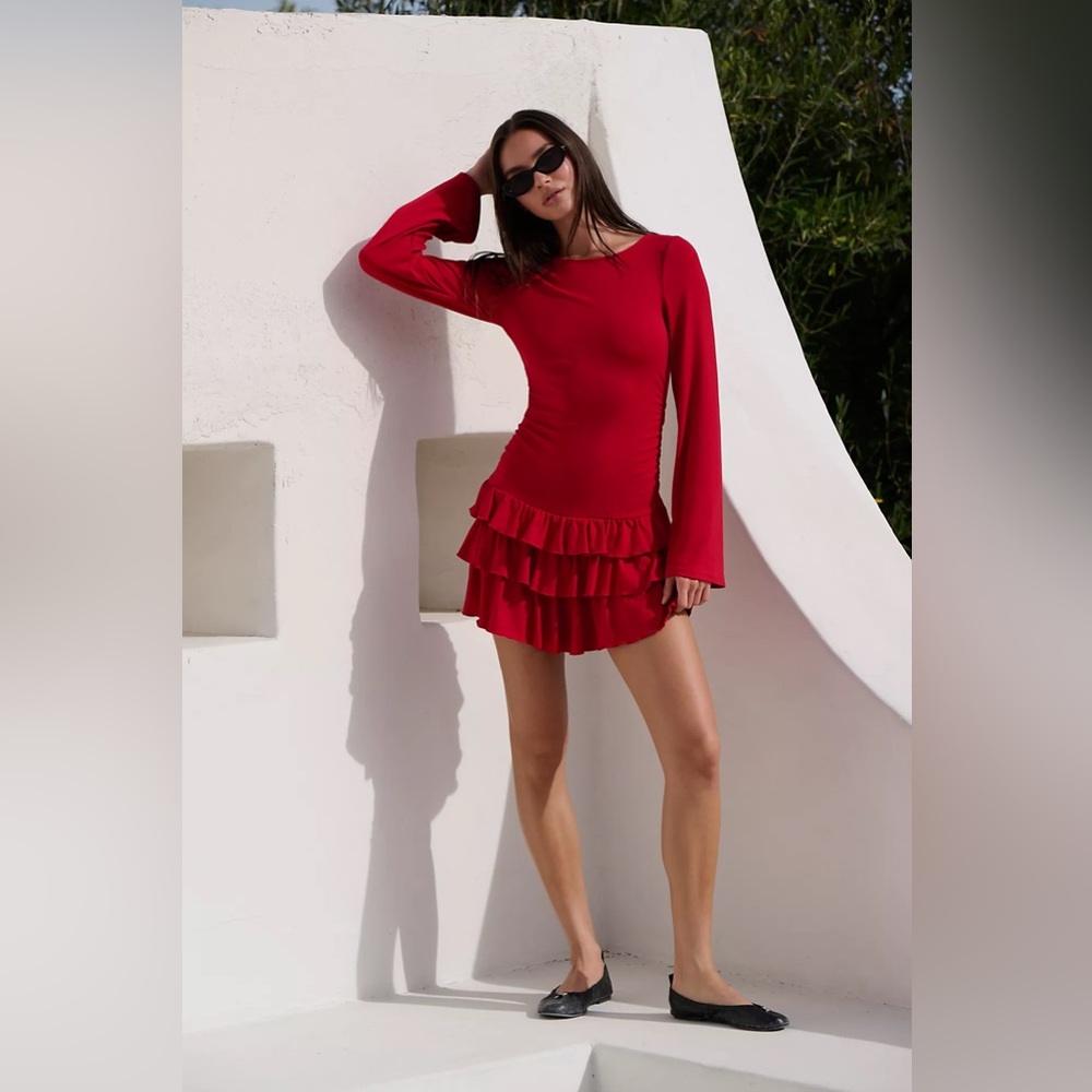 Free People Good Feel Ruffle Mini Dress Red Long Sleeve Ruched Coquette Y2K